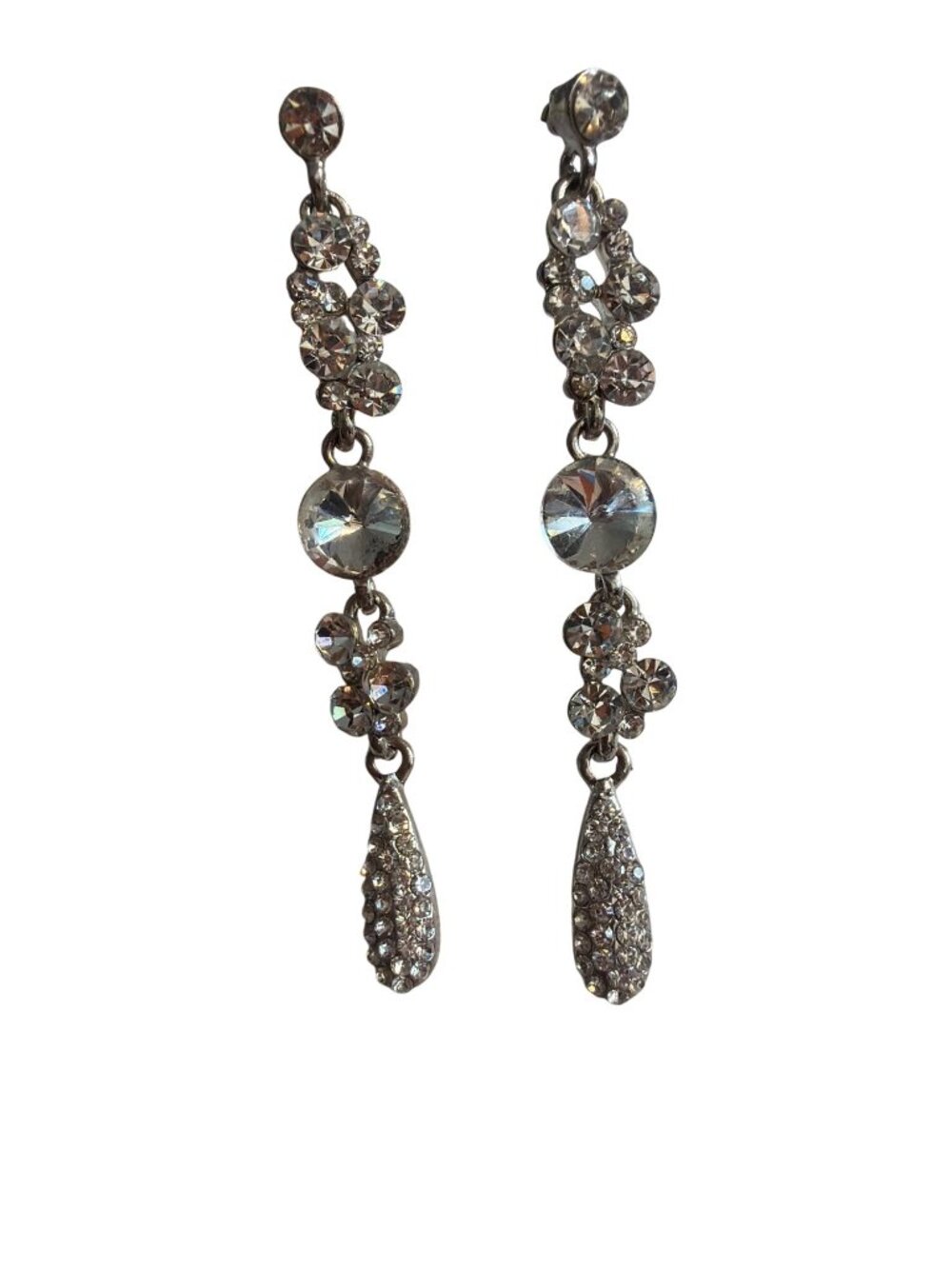 Vintage Rhinestone Dangle Earrings Teardrop Silver Tone Elegant Estate 2.5"
